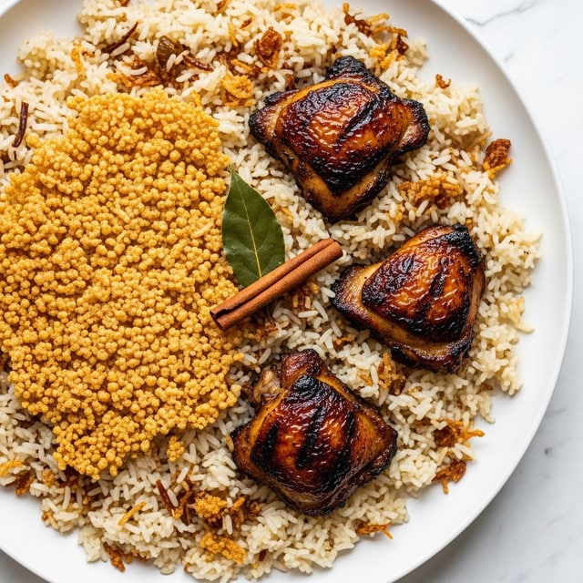 A close-up of a dish with three pieces of dark brown grilled chicken placed on top of a bed of light brown and white cooked rice mixed with thin crispy golden layers. There is a cinnamon stick and a large green bay leaf sitting on the rice, and the rice shows a mix of soft grains and crunchy brown rice crust in sections around the chicken. The dish is served on a white plate, and the background is a white marbled texture. Photo taken with an iphone --ar 4:5 --v 7