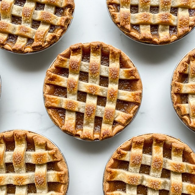 The image shows several small round pies placed on a white marbled surface. Each pie has a golden brown crust with a lattice pattern on top made of strips of dough, revealing an amber-colored filling underneath. The edges of the pies are crimped, and some areas of the lattice have lightly browned spots, suggesting a crispy texture. The tops also have a light sprinkling of sugar that adds a subtle sparkle. Photo taken with an iphone --ar 4:5 --v 7