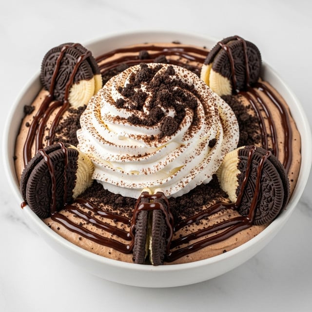 A white bowl filled with a creamy light brown drink topped with a large swirl of white whipped cream in the center. On top of the whipped cream are dark chocolate cookie crumbles and cream-filled cookie pieces scattered around. There are several thin streaks of dark chocolate syrup drizzled over the whipped cream and around the drink's surface. The drink appears frothy with a sprinkle of fine cocoa powder dusted over the top. The bowl is placed on a white marbled surface. photo taken with an iphone --ar 4:5 --v 7