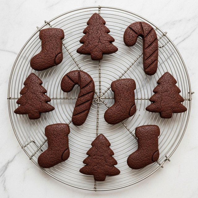 A top view of nine dark brown chocolate cookies in the shapes of Christmas trees, candy canes, and stockings, arranged evenly on a round metal cooling rack. Each cookie is thick with a smooth texture and crisp edges, placed on a white marbled surface which contrasts with the deep chocolate color, showcasing their distinct holiday shapes clearly. Photo taken with an iphone --ar 4:5 --v 7