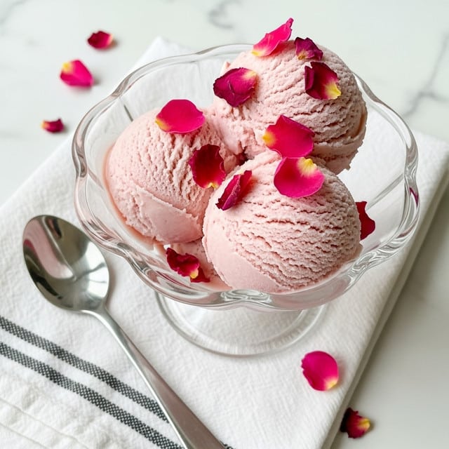 The image shows three scoops of pale pink ice cream placed closely together inside a clear glass dessert bowl with scalloped edges. The ice cream scoops have a smooth and creamy texture with slight frosty details. Scattered rose petals in shades of dark pink and magenta are sprinkled over the ice cream, adding contrast and decoration. The glass bowl sits on a white cloth with thin black stripes placed on a white marbled surface. A silver spoon lies next to the bowl, catching light and reflecting its surroundings. Small rose petals are also scattered around the bowl on the surface. photo taken with an iphone --ar 4:5 --v 7
