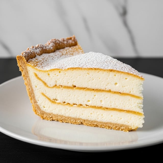 A slice of creamy pie with three visible layers is shown. The bottom layer is a thin, golden brown crust. The middle layer is thick, smooth, and pale cream in color, looking soft and rich. The top layer is a thin, slightly browned crust edge with powdered sugar sprinkled over it, both on the crust and lightly over the cream filling. The slice sits on a white plate with a dark surface beneath it and a white marbled textured background. Photo taken with an iphone --ar 4:5 --v 7