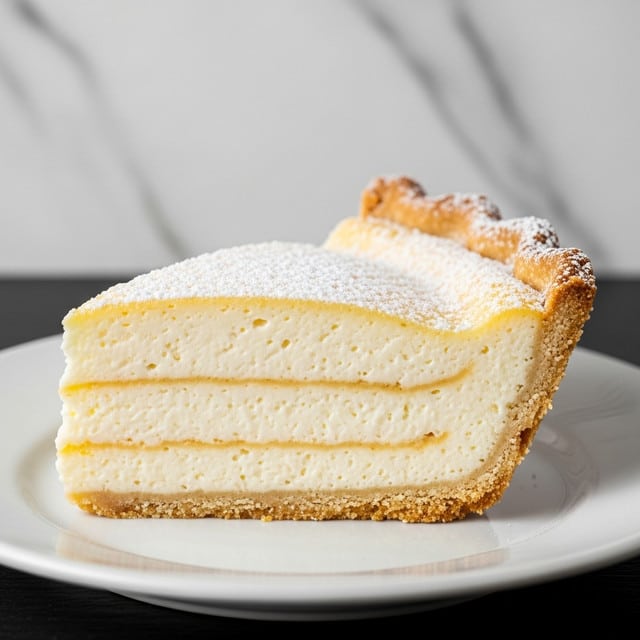 A close-up view of a slice of creamy pie on a white plate, showing three layers: a golden brown crust at the bottom with a firm texture, a thick and smooth pale cream filling in the middle that looks rich and soft, and a slightly darker golden crust edge on top that is jagged and raised. The slice is sprinkled with fine white powdered sugar, adding a light dusting on the filling and crust edges. The plate sits on a white marbled surface, enhancing the warm colors of the pie. Photo taken with an iphone --ar 4:5 --v 7