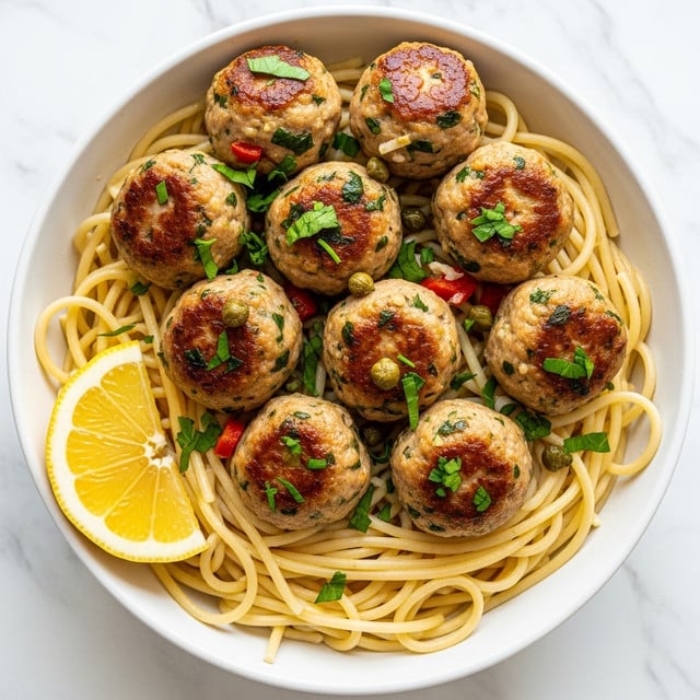 A white bowl holds a bed of cooked spaghetti with a smooth, light yellow color and slightly shiny texture as the base layer. On top, there are round meatballs with a browned, crispy outer surface showing a mix of golden and darker brown spots, speckled with small green herbs and bits of red chili or pepper. The meatballs are garnished with chopped green herbs and scattered small green capers. A bright yellow lemon wedge rests on the side, adding a fresh contrast. The bowl sits on a wooden board with a white marbled surface background. photo taken with an iphone --ar 4:5 --v 7