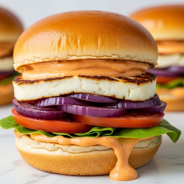 A close-up view of a sandwich on a soft, light brown bun with a smooth, shiny top layer. Inside the sandwich, the first layer is a thick slice of white grilled cheese with brown char marks on top. Below the cheese, there is a layer of purple grilled onions with a slightly glossy texture, and beneath that, a red tomato slice. Under the tomato, fresh green lettuce leaves peek out, while an orange creamy sauce with visible specks drips from the bottom. The sandwich rests on a white marbled surface with two similar sandwiches blurred in the background. photo taken with an iphone --ar 4:5 --v 7