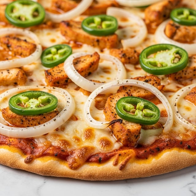 The image shows a close-up view of a pizza with several layers visible. The bottom layer is a golden-brown crust, topped with a reddish-orange sauce spread evenly. On top of the sauce, melted cheese covers the pizza, with some parts stretching thin and others forming soft, gooey patches. Scattered over the cheese are pieces of cooked chicken that appear slightly browned and seasoned. Thin rings and pieces of white onion are spread across the surface, adding a semi-transparent, slightly curled texture. Bright green slices of jalapeño peppers are placed on top, some whole rings and some broken, adding a fresh and spicy look. The pizza rests on a white marbled textured surface. Photo taken with an iphone --ar 4:5 --v 7