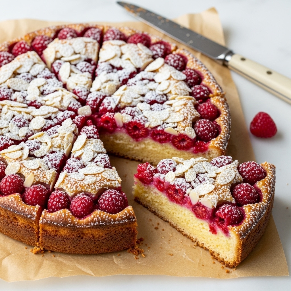 A round cake cut into wedges sits on light brown parchment paper over a white marbled surface. The cake has two visible layers: a golden-brown crusty bottom layer with a soft, light yellow inside, and a top layer covered with bright red raspberries that add texture and color. The top is also sprinkled with many thin, off-white almond slices, dusted lightly with powdered sugar, giving a snowy effect. One wedge is laid down showing the inside texture, while the rest remain upright. A silver knife with a pale wooden handle lies nearby, and a fresh raspberry is placed close to the cake. photo taken with an iphone --ar 4:5 --v 7