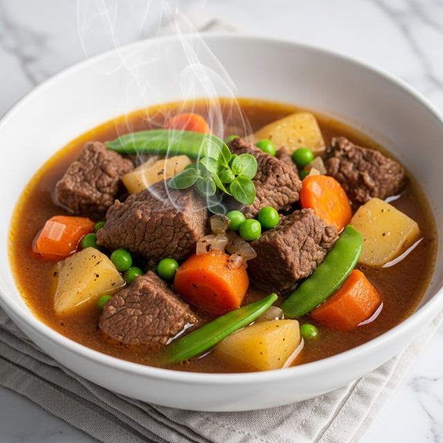 A bowl of beef stew with chunks of brown beef, orange carrots, light tan potatoes, and green peas in a rich brown broth. The stew is served in a white bowl placed on a light cloth over a white marbled surface. A small green herb garnish sits on top, with steam rising from the bowl indicating it is hot. Photo taken with an iphone --ar 4:5 --v 7