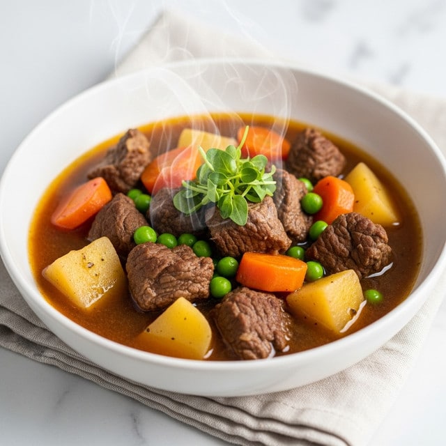A white bowl filled with a hearty stew featuring large chunks of tender brown beef, orange carrot slices, pale yellow potato pieces, and bright green peas, all immersed in a rich, warm brown broth. The stew is garnished with a fresh green parsley leaf sitting on top, with steam rising from the bowl indicating the warmth of the dish. The bowl is placed on a beige cloth on a white marbled surface, with a silver spoon and a sprig of parsley resting nearby. The background shows blurred green herbs, giving a cozy, fresh kitchen feeling. Photo taken with an iphone --ar 4:5 --v 7