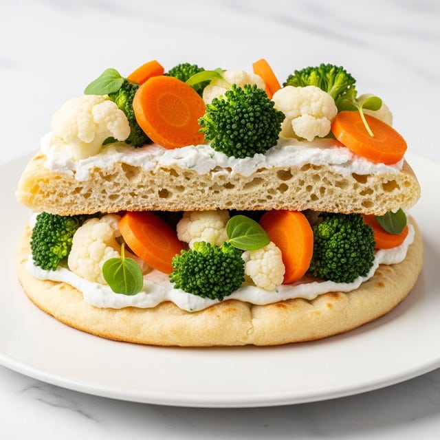 Two slices of flatbread toast are stacked on a white plate against a white marbled surface. Each slice has three layers: the base is a light beige, bubbly-textured flatbread, topped with a creamy white sauce spread evenly, and finished with fresh vegetable pieces including bright green broccoli florets, white cauliflower, and round orange carrot slices. A small sprig of fresh green herb decorates the top vegetable layer. In the background, another plate with similar slices is softly out of focus. photo taken with an iphone --ar 4:5 --v 7