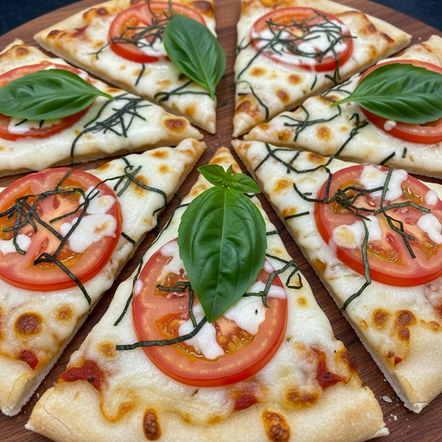 A close-up view of a pizza cut into several triangular slices laid on a wooden board, showing a thin crust with a light golden-brown edge as the base layer, topped with a smooth layer of melted white cheese that has melted unevenly creating small golden spots, sliced red tomatoes placed evenly over the cheese, and thin dark green herbs spread across the top with fresh, bright green basil leaves placed close to the center of some slices, all textures appearing soft and moist. photo taken with an iphone --ar 4:5 --v 7