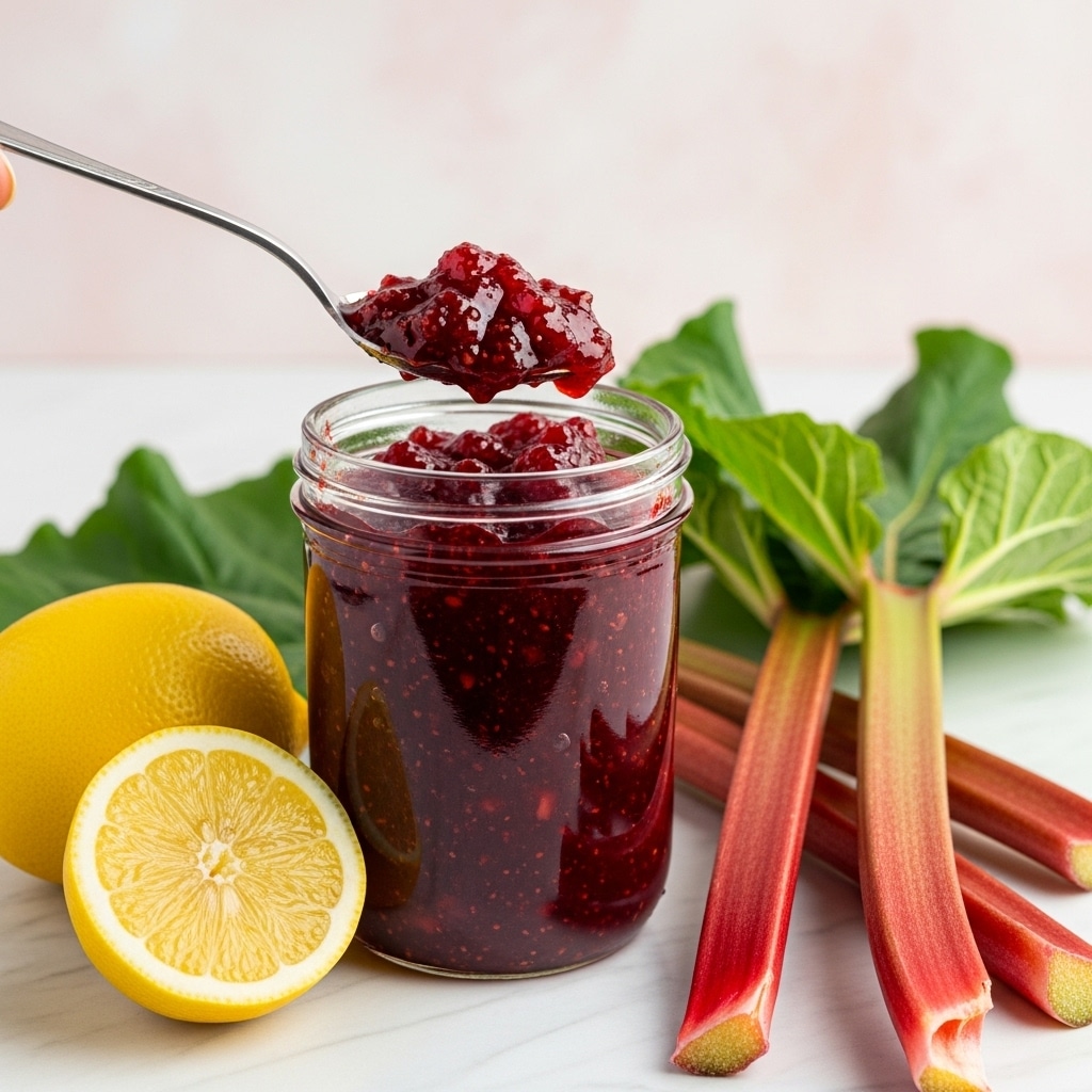 A clear glass jar is full of thick, dark red jam with visible small fruit pieces. A silver spoon is lifting some jam out of the jar, showing its chunky and sticky texture. Next to the jar, there is a whole lemon and a lemon half, both bright yellow with a smooth surface. On the right side, there are several red rhubarb stalks with green leaves, lying on a white marbled surface. The background is light pink and softly blurred, making the jar and fruit stand out. photo taken with an iphone --ar 4:5 --v 7