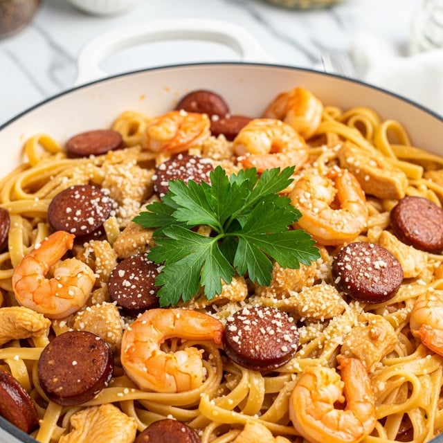 A close-up view of a white pan filled with creamy fettuccine pasta mixed with cooked shrimp, browned sausage slices, and pieces of chicken. The pasta is coated in a light orange sauce and sprinkled with grated white cheese. Bright green parsley sprigs are placed on top in the center for garnish. The background features a white marbled surface with some blurred objects. Photo taken with an iphone --ar 4:5 --v 7