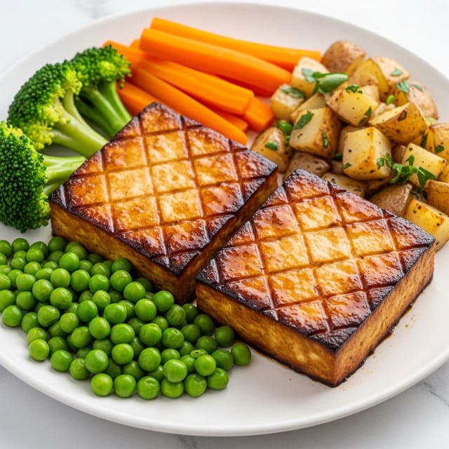 Two thick, square tofu pieces with a rich, golden-brown color and a shiny, slightly glazed surface sit on a white plate, each tofu piece featuring a crisscross pattern of light grill marks on top. Around them are vibrant green peas, bright orange carrot sticks, a cluster of green broccoli florets, and roasted potato chunks with light brown, crispy skins and bits of green herbs. The whole dish rests on a white marbled texture surface. photo taken with an iphone --ar 4:5 --v 7