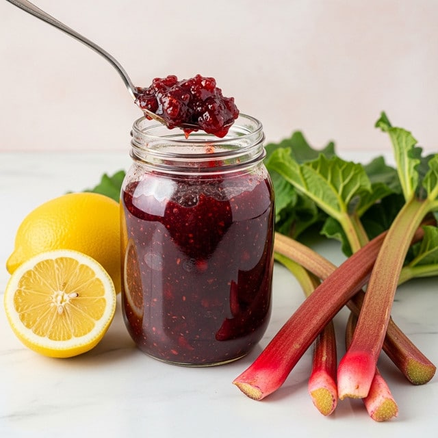 The image shows a clear glass jar filled to the top with thick, deep red jam that has a glossy, slightly chunky texture. A shiny silver spoon scoops out some of the jam, displaying its rich, smooth, and somewhat sticky consistency. To the left of the jar, there are two long, slender, red and green stalks lying diagonally along with a whole yellow lemon and a lemon half, which reveal the fruit’s pale, juicy interior. On the white marbled surface, there are small white sugar crystals scattered around, along with a dab of the dark jam, adding texture and context to the scene. photo taken with an iphone --ar 4:5 --v 7