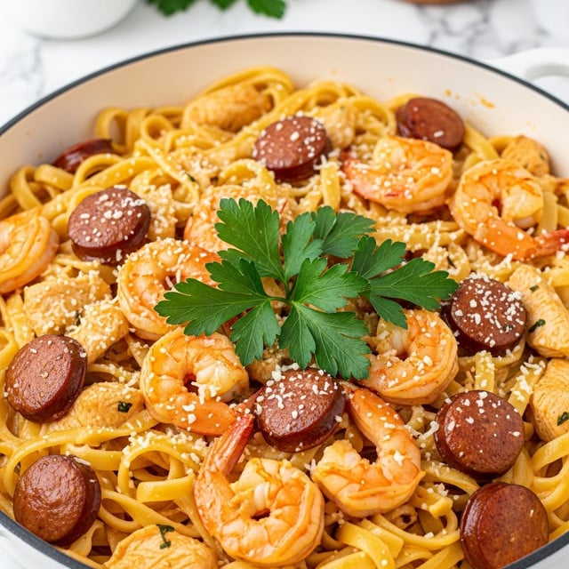 A close-up of creamy pasta in a white pot on a white marbled surface showing layers of light golden fettuccine mixed with small orange shrimp and browned sausage slices. The pasta is coated in a creamy light orange sauce with bits of green and red seasoning, topped with fresh green parsley sprigs and sprinkled finely with white grated cheese. The pot handle is visible at the bottom right side with a woman’s hand holding a cloth near it. Photo taken with an iphone --ar 4:5 --v 7