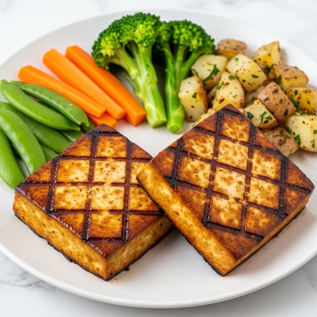 The image shows two golden-brown, grilled tofu squares with a shiny glaze and clear diagonal grill marks, placed side by side on a white plate. Behind the tofu are colorful vegetables arranged in layers: bright green broccoli florets on the top left, long, thick, orange carrot sticks to the right of the broccoli, tender green peas scattered below the carrot, and golden, roasted potato chunks with a sprinkle of chopped green herbs on the right edge. The food is set on a white marbled surface. photo taken with an iphone --ar 4:5 --v 7