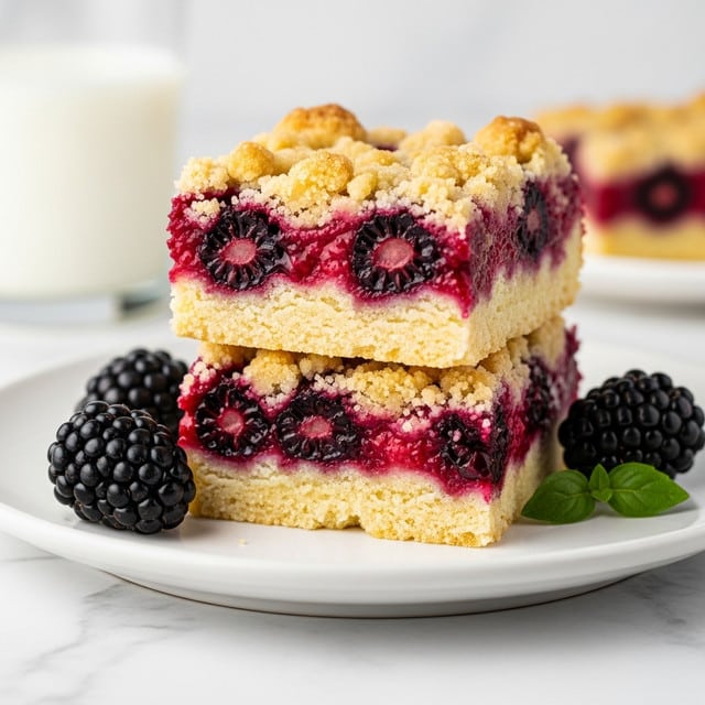 Two thick square pieces of berry crumb bars are stacked on a white plate on a white marbled surface. Each piece has three layers: a light golden crust base, a middle layer of deep red and purple mixed berry filling with visible whole blackberries, and a crumbly golden topping with some sugar crystals. Fresh blackberries and a small green herb leaf lie next to the bars on the plate. In the blurred background, a glass of milk is visible. photo taken with an iphone --ar 4:5 --v 7