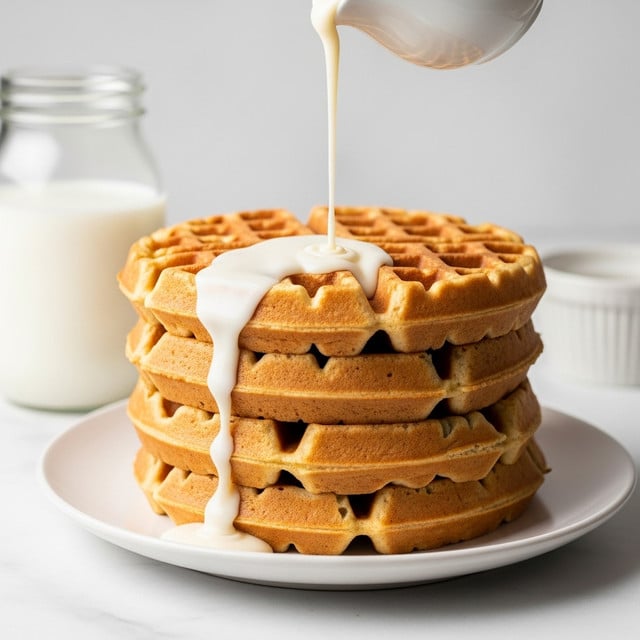 A stack of three golden waffles sits in the center of a white plate with a delicate pattern on the rim. Each waffle layer is thick and fluffy, showing a crisp grid texture. Drizzled over the top is a creamy white sauce that gently cascades down the sides, pooling slightly on the plate. A dollop of butter rests on the top waffle, sprinkled with small crunchy pieces, adding texture and color contrast. To the right of the plate, a silver fork and knife are placed on a light cloth napkin. In the background, a glass jar filled with a light beige liquid, a small white dish holding a honey dipper, and a white bowl with syrup are arranged on a table with a white marbled texture. photo taken with an iphone --ar 4:5 --v 7