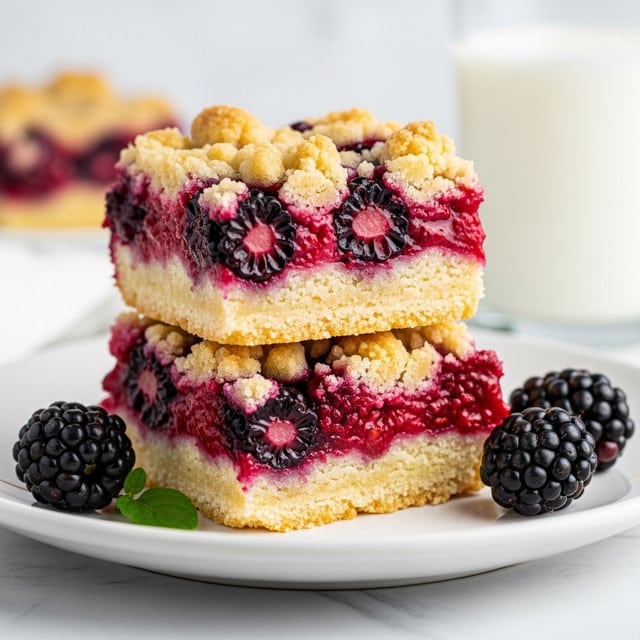 Two square berry crumble bars are stacked on a white plate, each showing three layers: a golden crumbly top layer with a rough texture, a middle layer packed with dark purple and red juicy berries, and a thick, light brown base. Beside the bars on the plate are two whole blackberries and a small green herb. The background has a soft white marbled texture and a glass of milk is blurred in the back. photo taken with an iphone --ar 4:5 --v 7