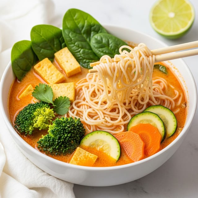 A white bowl filled with a creamy orange soup as the base layer, bubbling slightly on the surface. In the soup, thin white noodles are partially submerged, some lifted by wooden chopsticks held in a woman's hand at the right side. Floating atop the soup are bright green basil leaves, small dark green broccoli florets, and pale white cubes of tofu. There are also pale yellow cauliflower pieces and thin green zucchini slices with dark green skin arranged around the bowl. The bowl is set on a white marbled surface with a hint of lime slice in the upper right corner. photo taken with an iphone --ar 4:5 --v 7