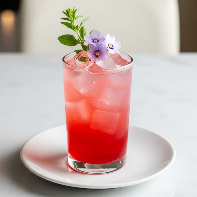 A tall clear glass holds a two-layered drink with a bright red bottom layer and a light pink top layer filled with large, clear ice cubes. On top, there is a small green sprig with tiny leaves and three pale purple flowers, adding a fresh and soft touch. The glass sits on a white plate, all placed on a white marbled surface with soft blurred background. photo taken with an iphone --ar 4:5 --v 7