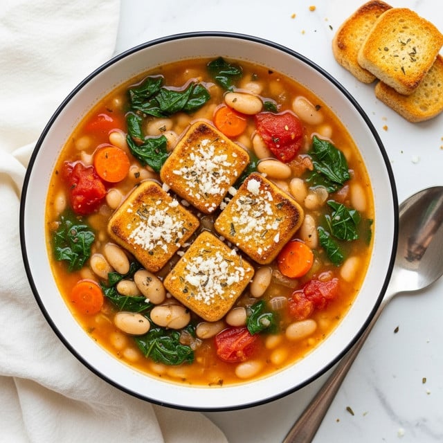 A bowl filled with a thick soup containing white beans, dark green leafy vegetables, small orange carrot pieces, and chunks of red tomatoes in a light orange broth is shown. On top of the soup, there are four golden brown toasted bread squares sprinkled with grated white cheese and bits of herbs. The bowl itself is white with a dark rim. The bowl sits on a white marbled surface, with part of a white cloth napkin and a small stack of more toasted bread pieces next to it. photo taken with an iphone --ar 4:5 --v 7