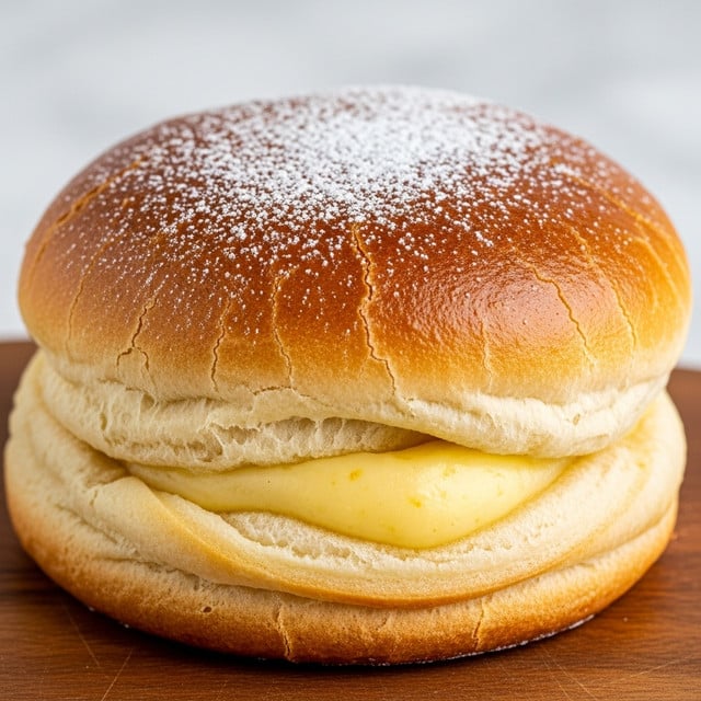 The image shows two golden brown spiral pastries dusted with white powdered sugar on top, each with a smooth, slightly shiny texture that highlights their soft, fluffy layers curling inward from the outer edge to the center. They are placed on a round wooden plate, creating contrast with the white powdered sugar scattered around the base of the pastries. In the background, out of focus, there are wedges of a red and green watermelon resting on a surface with a white marbled texture. photo taken with an iphone --ar 4:5 --v 7