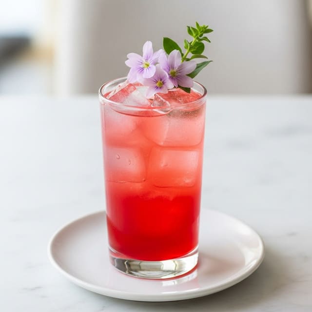 A tall glass filled with a two-layer pink and red drink, where the bottom layer is a deep red and the top layer is a lighter pink with ice cubes floating inside. The glass is topped with a small green herb sprig and delicate light purple flowers. The drink sits on a white marbled surface. Photo taken with an iphone --ar 4:5 --v 7