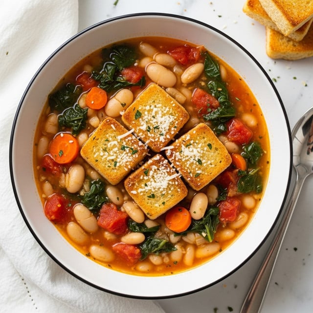 A white bowl filled with a thick soup showing multiple layers: shiny golden brown toasted bread pieces on top, creamy white large beans scattered around, dark green leafy vegetables, and small diced orange carrots mixed in a rich orange-brown broth with visible small bits of tomatoes. The surface of the soup has a light sprinkling of grated cheese giving a slightly white flaky texture. The bowl is placed on a white marbled surface with additional toasted bread pieces nearby. Photo taken with an iphone --ar 4:5 --v 7