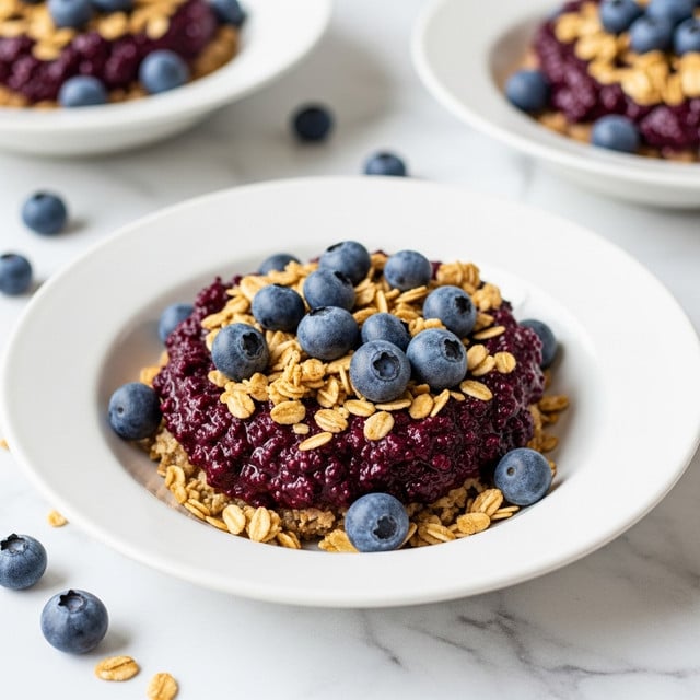 The image shows a white shallow bowl filled with a three-layer dessert. The bottom layer is a dark purple, thick, chunky berry compote. On top of it is a layer of small blue blueberries scattered around, mixed with light brown crunchy granola pieces sprinkled evenly. There are a few more blueberries scattered around the white marbled surface as well. Two similar bowls are blurred in the background. The overall look is fresh and colorful with deep purple, bright blue, and light brown tones, set against a clean white marbled surface. Photo taken with an iphone --ar 4:5 --v 7