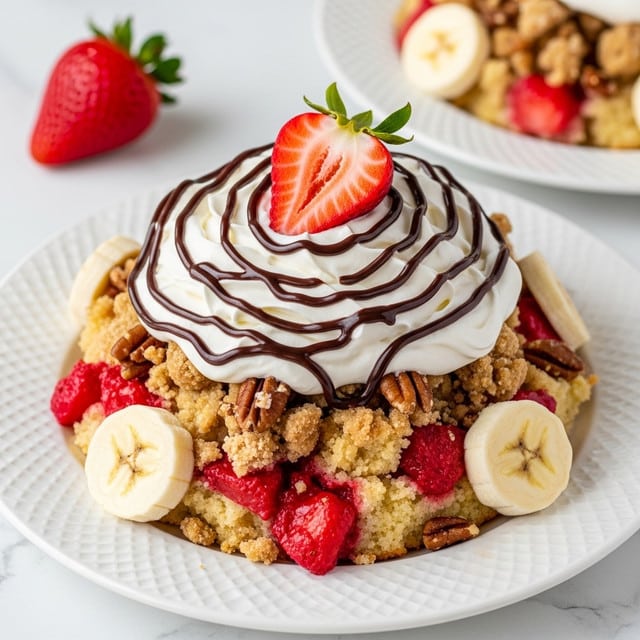 The dish shows a white textured plate filled with a layered dessert. The bottom layer is a soft, crumbly cake mixed with bright red strawberry pieces and light golden brown streusel with pecans. Sliced banana pieces are placed around the edges. On top is a large swirl of white whipped cream drizzled with dark chocolate sauce. A fresh red strawberry slice is placed on the whipped cream. In the background, there is another similar plate and a whole strawberry on a white marbled surface. Photo taken with an iphone --ar 4:5 --v 7
