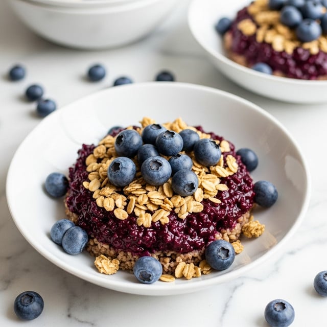 A round white bowl is filled with a layered dessert starting with a base of dark purple berry compote that looks thick and chunky, topped with scattered fresh blue blueberries and sprinkled with golden-brown granola and walnut pieces. The bowl sits on a white marbled surface, surrounded by scattered blueberries and crumbs. Two more similar bowls blur softly in the background, creating depth. The overall look is fresh, textured, and inviting. Photo taken with an iphone --ar 4:5 --v 7