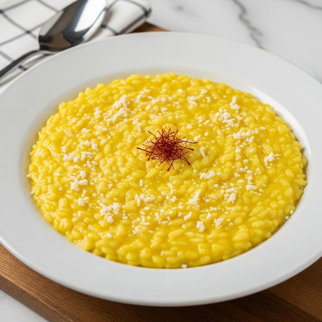 A smooth, creamy yellow risotto fills a white shallow bowl, with visible grains of soft rice coated in a shiny, rich sauce. The risotto is evenly spread, showing a slightly thick and velvety texture with a few small white cheese shavings scattered on top for contrast. In the center, a few thin crimson strands add a delicate decorative touch. The bowl is set on a wooden board with part of a folded checked napkin and a spoon nearby, all placed on a white marbled surface. photo taken with an iphone --ar 4:5 --v 7