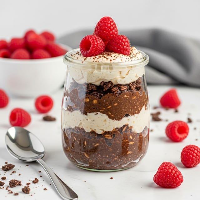 A clear glass jar filled with three visible layers: the bottom two layers are thick, chunky, dark brown chocolate mousse with small oatmeal pieces mixed in, and the top layer is a smooth, light cream topping. On top of the cream, there are a few bright red raspberries and a dusting of chocolate powder. Around the jar, on a white marbled surface, there are scattered chocolate crumbs and fresh raspberries. In the background, there is a white bowl filled with more raspberries slightly out of focus, and a blurred gray cloth. A silver spoon is placed to the left in the foreground. photo taken with an iphone --ar 4:5 --v 7