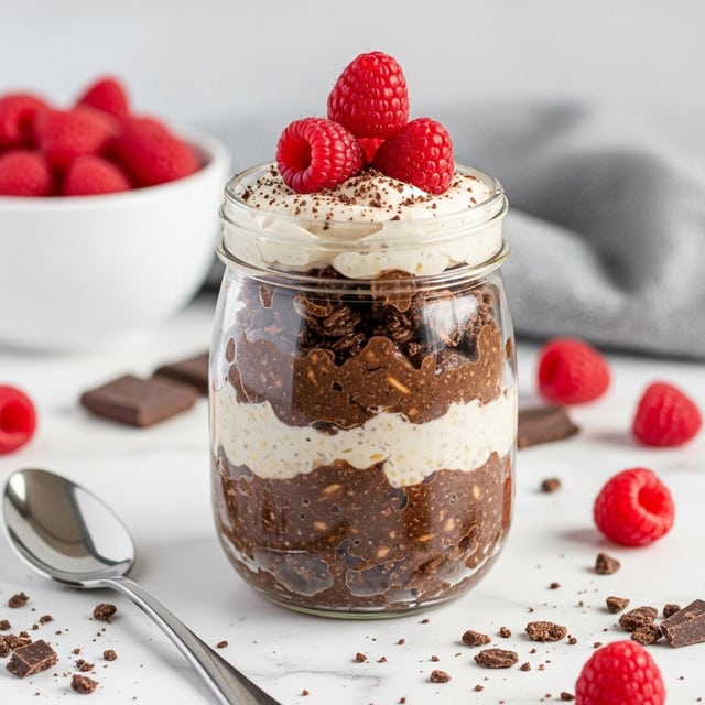 A clear glass jar filled with three main layers: the bottom and middle layers are thick, dark brown chocolate pudding mixed with visible oats and small chunks, giving it a textured look; the top layer is white cream with a smooth texture, partially mixed into the chocolate. On top of the cream, there are two fresh bright red raspberries placed beside a sprinkling of finely grated chocolate. The jar sits on a white marbled surface, scattered with whole raspberries, small chocolate flakes, and a silver spoon to the left. In the blurred background, a white bowl filled with more red raspberries is visible. Photo taken with an iphone --ar 4:5 --v 7