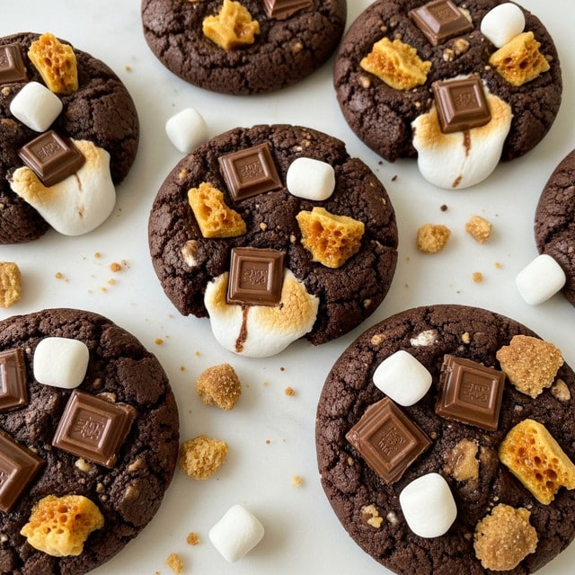 Close-up of several brown chocolate cookies on a white marbled surface, each cookie cracked with a rough texture showing gooey melted marshmallow in the center, topped with two large pieces of milk chocolate embedded into the dough, with small chunks of light golden biscuit mixed in and scattered crumbs around. White mini marshmallows are scattered nearby, adding contrast to the dark cookies. The image focuses on the cookie in the center, showing its detailed texture and soft middle. Photo taken with an iphone --ar 4:5 --v 7