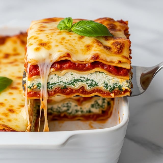 A thick square piece of lasagna is being lifted by a metal spatula from a white rectangular dish on a white marbled surface. The lasagna has four visible layers: the top layer is melted white cheese with slightly browned edges, underneath is a bright red tomato sauce layer, followed by a thick layer of creamy ricotta cheese mixed with green spinach bits, and a bottom pasta sheet soaked in the same tomato sauce. Strings of melted cheese stretch between the piece and the rest of the lasagna in the dish. A fresh green basil leaf rests on the top cheese layer of the lifted lasagna. The photo taken with an iphone --ar 4:5 --v 7