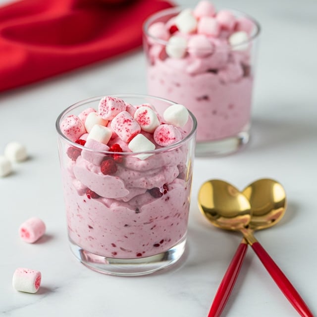 The image shows a clear glass cup filled with a pink creamy dessert that has a light and fluffy texture mixed with small red berry pieces. On top of the creamy mix are small pink and white marshmallows with red spots. Another similar glass cup is blurred in the background, both placed on a white marbled surface. Two spoons with red handles and gold tips are lying next to the cups. A blurry red cloth is seen in the background. photo taken with an iphone --ar 4:5 --v 7