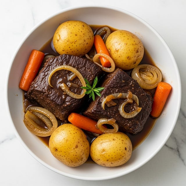 On a white bowl sitting on a white marbled surface, there are two large pieces of dark brown cooked beef with visible tender texture and glossy sauce on top; around the beef, there are several light yellow round potatoes with a rough skin texture, bright orange carrots showing a soft cooked look, and caramelized pieces of onion all mixed in a thin brown sauce; a small green herb sprig sits on top of the beef adding contrast. Photo taken with an iphone --ar 4:5 --v 7