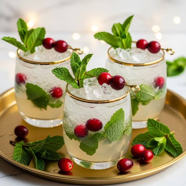 Three clear glasses filled with a light, almost transparent drink layered with crushed ice and fresh green mint leaves scattered inside. Bright red cranberries float on top and inside the drink. Each glass is garnished with a small bunch of mint leaves and three cranberries resting on top, with a shiny gold rim around the edge. The three glasses sit on a round gold tray, with additional red cranberries and green sprigs placed around them. The background has a soft white marbled texture with blurred golden fairy lights adding a cozy glow. Photo taken with an iphone --ar 4:5 --v 7