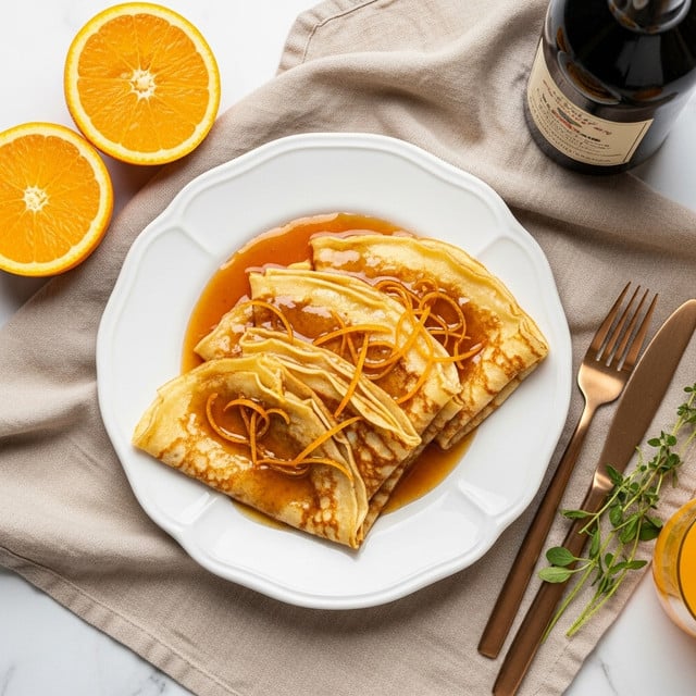 A white scalloped oval plate holds three thin, golden-brown crepes overlapping each other in the center. Each crepe is covered with a shiny, amber-colored sauce with visible thin strips of orange zest spread over the top. The sauce appears glossy and syrupy, pooling slightly around the crepes. The plate sits on a light beige fabric, with two orange halves placed near the top left of the plate. To the right of the plate, there is a bronze fork and knife crossed over a beige cloth napkin next to a glass of orange juice and a sprig of green herbs. The scene is set on a white marbled surface. Photo taken with an iphone --ar 4:5 --v 7