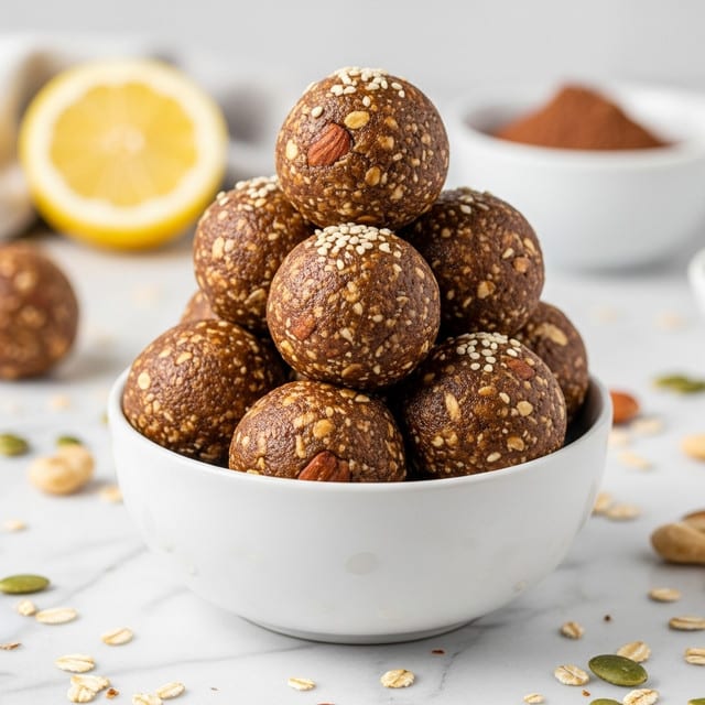 A white bowl filled with round, brown energy balls that have a textured surface with visible pieces of oats and nuts, some topped with small white seeds, stacked in a pyramid shape with one ball on top. The bowl sits on a white marbled surface scattered with small crumbs and nut pieces. In the background, a blurred white bowl with cocoa powder and a yellow lemon wedge are visible, with soft natural light giving a warm tone to the scene. Photo taken with an iphone --ar 4:5 --v 7