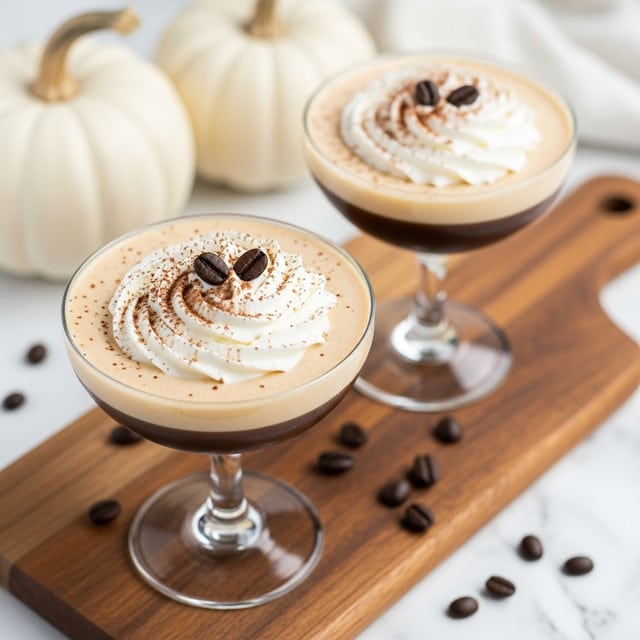 Two clear martini glasses are filled with a creamy light brown coffee mousse that has a smooth texture. Each glass is topped with a swirl of white whipped cream with a soft, fluffy appearance, sprinkled lightly with fine brown cocoa powder, and decorated with three shiny dark brown coffee beans placed on the whipped cream. The glasses are positioned on a polished wooden surface with scattered coffee beans around, and the background shows a white pumpkin and more glasses placed against a white marbled texture. photo taken with an iphone --ar 4:5 --v 7