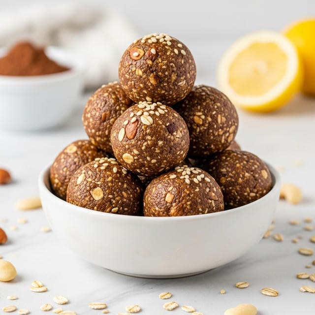 A white bowl filled with round brown energy balls stacked in a small mound, each ball showing a textured surface with bits of oats and nuts mixed in and sprinkled lightly with white seeds, placed on a white marbled surface scattered with small nut pieces, with a blurred white bowl of cocoa powder and a lemon half in the soft background. Photo taken with an iphone --ar 4:5 --v 7
