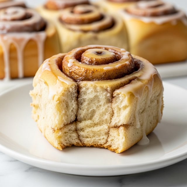 The image shows a close-up of a cinnamon roll with soft, fluffy dough and swirls of cinnamon sugar visible inside. It has a shiny, light golden-brown top layer covered in smooth white icing that drips down the sides. The roll rests on a simple white plate with a white marbled surface background. Photo taken with an iphone --ar 4:5 --v 7
