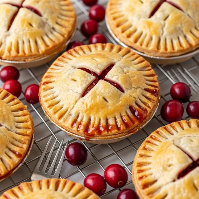 A close-up view of several small round hand pies with golden, flaky crusts, each with fork-pressed edges creating a ridged texture around the sides. The crusts are baked to a warm light brown color, with small slits on top revealing shiny, red fruit filling inside. The hand pies are placed on a metal cooling rack, and fresh whole red cranberries are scattered around them on a white marbled surface, adding contrast and color. The image gives a cozy and fresh baked feeling with crisp details on the crusts and the juicy filling peeking through. photo taken with an iphone --ar 4:5 --v 7