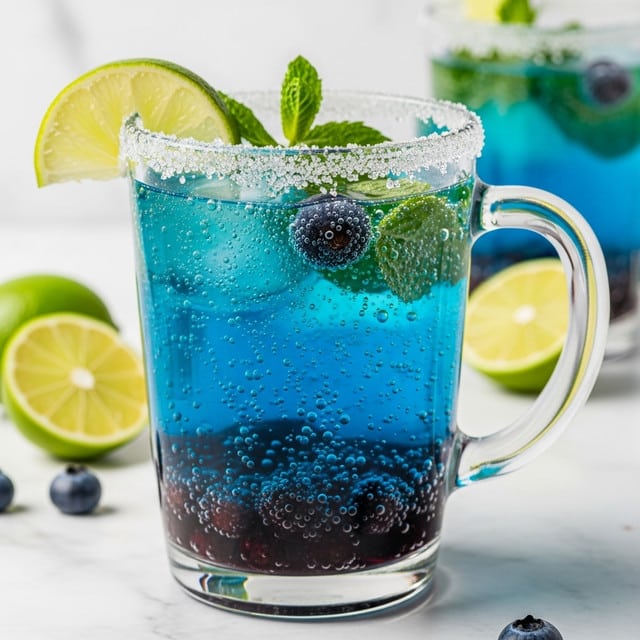 A clear glass mug filled with a blue sparkling drink shows several dark blueberries floating near the bottom and top layers of the liquid, with small bubbles rising throughout. A few green mint leaves float just under the surface near the top, and the rim of the glass is coated with sugar crystals. A thin slice of lime with light green skin hangs on the rim. The drink sits on a white marbled surface, surrounded by lime slices and blueberries scattered around, with another similar glass blurred in the background. Photo taken with an iphone --ar 4:5 --v 7