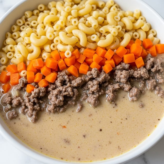 A close-up view of a bowl filled with creamy macaroni soup, showing three main layers: small elbow macaroni pasta with a light yellow color on top, diced orange carrots scattered evenly throughout, and small pieces of browned ground beef mixed into the creamy light tan broth below. The soup looks thick and smooth, with a slightly shiny surface, served in a white bowl on a white marbled surface. photo taken with an iphone --ar 4:5 --v 7