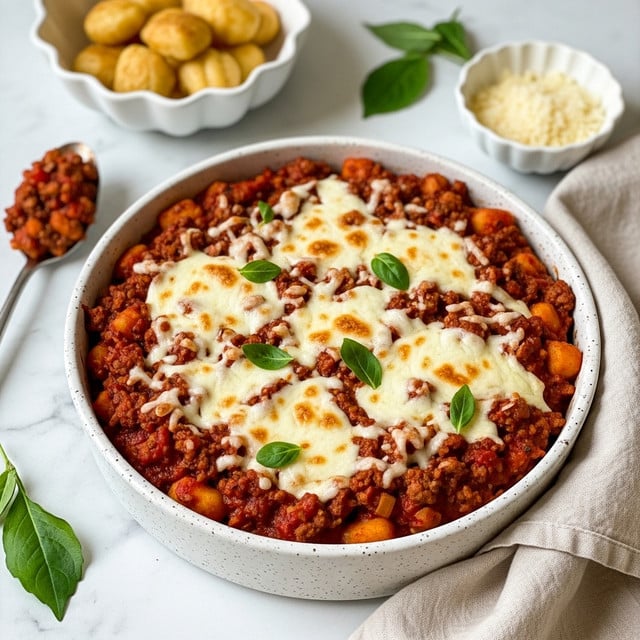 The image shows a round, speckled white ceramic dish filled with a baked dish that has several visible layers. The base layer consists of a chunky, dark red tomato and meat sauce with pieces of ground meat and small diced vegetables, giving it a rich and textured look. On top of this sauce is a layer of melted, creamy white cheese, slightly golden in spots, covering most of the surface unevenly. There are small green leaves scattered on top, adding a fresh touch of color. The dish sits on a white marbled surface, with a pale beige cloth casually draped beside it. In the background, there is a white scalloped bowl with extra baked pieces and a small white bowl with grated cheese, along with a metal spoon holding a small serving of the meat sauce on the left side. A few green leaves are also placed around the scene for decoration. photo taken with an iphone --ar 4:5 --v 7